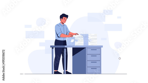 Businessman Sorting Piles of Documents on Desk, Office Paperwork Concept