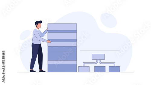 Man building organizational chart structure, business strategy concept