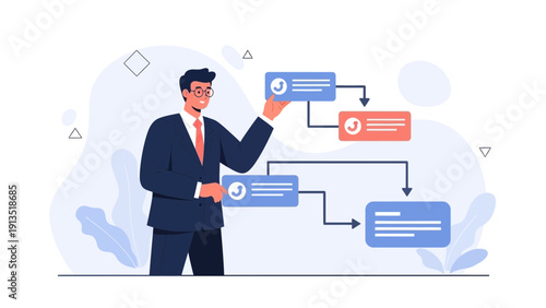 Businessman planning workflow, flowchart, business strategy, project management concept
