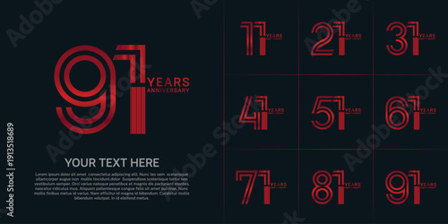 Anniversary set design with double line number. red color for celebration event