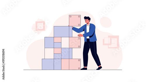 Man stacking blocks, building concept, strategy and planning, teamwork, business idea