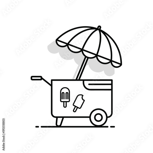 A simple line drawing of an ice cream cart with umbrella