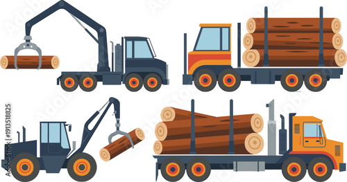Logging trucks and forestry machinery illustration set showing timber transport, wood harvesting vehicles, industrial lumber loading equipment, forest industry operations isolated on white background