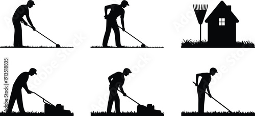 Lawn care and gardening silhouettes set showing gardener mowing grass and raking yard near house, representing landscaping services, outdoor labor, home maintenance, and yard work