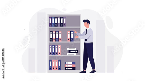 Man Organizing Files in Office Bookshelf