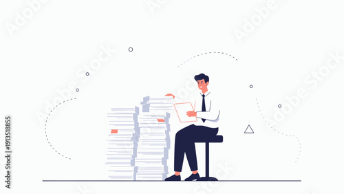 Businessman Sitting on Stack of Paperwork, Overwhelmed by Paperwork