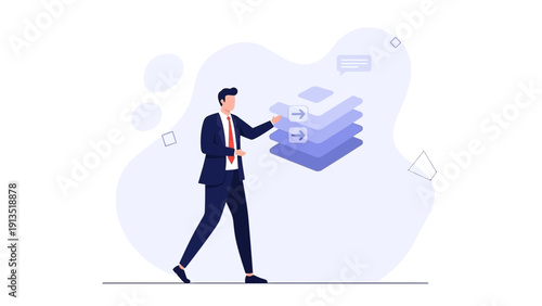 Businessman organizing data layers, digital transformation, business strategy concept
