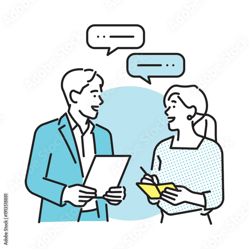 シンプル　イラスト　ミーティングをするビジネスパーソンの男性と女性　ビジネスシーン
