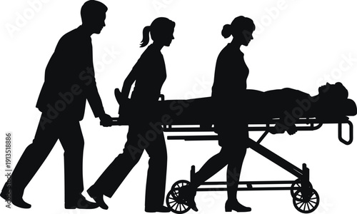 Medical emergency team silhouette transporting patient on hospital stretcher, healthcare professionals in action, urgent rescue scenario, ambulance service concept, first aid, emergency care 