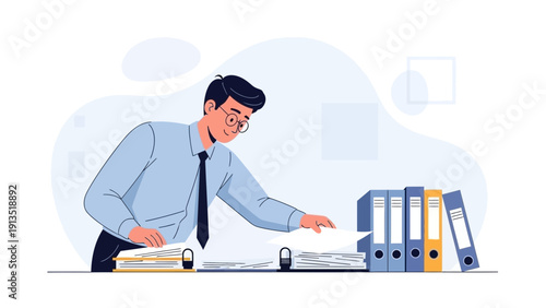 Businessman Sorting Documents in Office with Folders and Binders