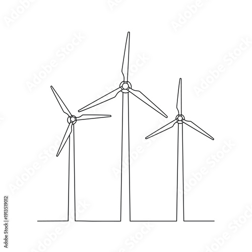 A line drawing of three wind turbines standing together in a row