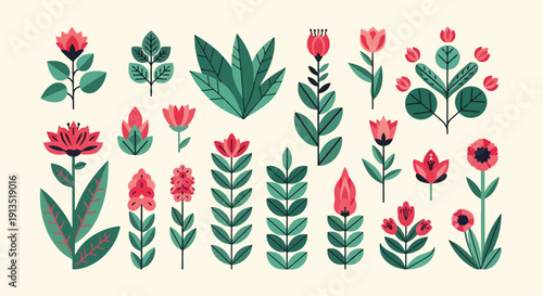 A collection of stylized flora, with red blossoms and green foliage
