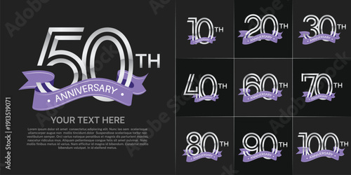 Anniversary logo set with double line number style. silver color with purple ribbon can be use for special moment