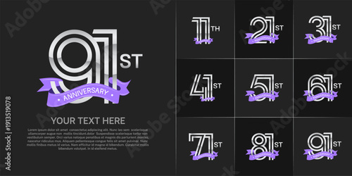 Anniversary logo set with double line number style. silver color with purple ribbon can be use for special moment