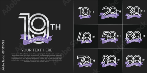 Anniversary logo set with double line number style. silver color with purple ribbon can be use for special moment