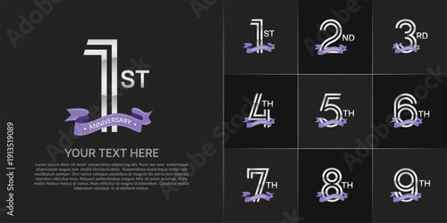 Anniversary logo set with double line number style. silver color with purple ribbon can be use for special moment