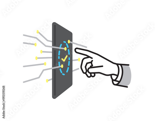 シンプル　イラスト　指で操作するデジタル認証タッチパネルのセキュリティイラスト　ビジネスシーン
