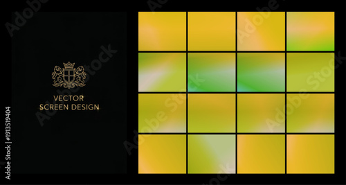 Glossy yellow and green gradients fill a neat tile grid beside a refined vector crest on black, ideal for premium UI themes, eco branding, and stylish presentation designs.