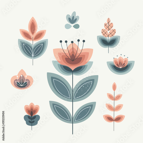 A collection of stylized flowers in shades of peach and teal