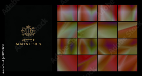 A vibrant grid of striking multicolor vector gradients next to a gold coat of arms on a black background, perfect for music posters, nightlife promotion, bold branding, and digital work.