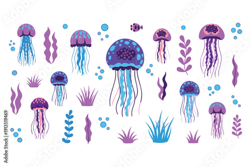 Colorful underwater illustration featuring jellyfish and seaweed with bubbles in a vibrant ocean theme design
