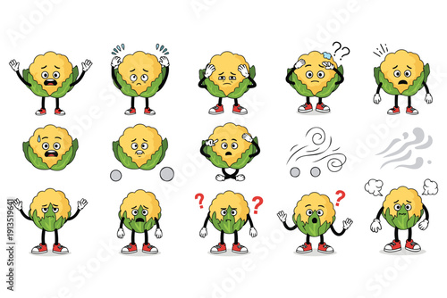 Cute animated cauliflower character showing various emotional expressions and confused reactions isolated illustration