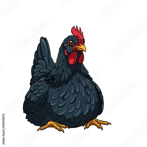 Vibrant black chicken standing proudly in modern style