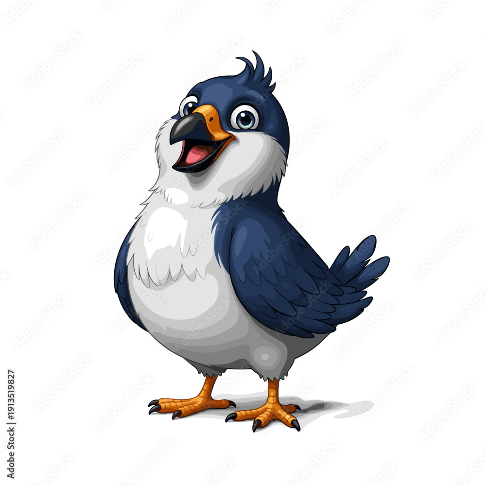 Obraz premium Friendly cartoon bird with cheerful expression and vibrant blue feathers standing alone