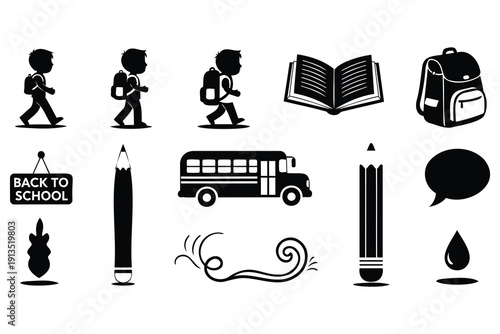 Cute backtoschool icons collection featuring students walking with backpacks books and pencils