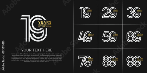 Anniversary logo set with double line number style. silver and gold color can be use for special moment