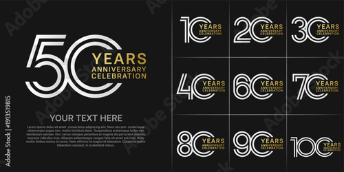 Anniversary logo set with double line number style. silver and gold color can be use for special moment