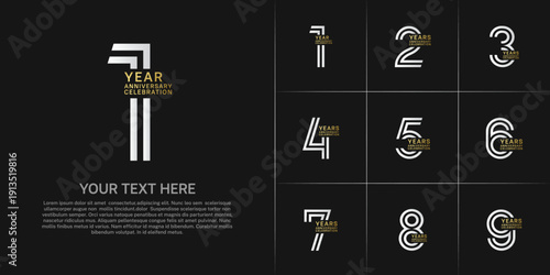 Anniversary logo set with double line number style. silver and gold color can be use for special moment