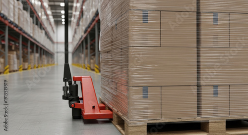 Pallet jack moving cardboard boxes wrapped in plastic in warehouse aisle
