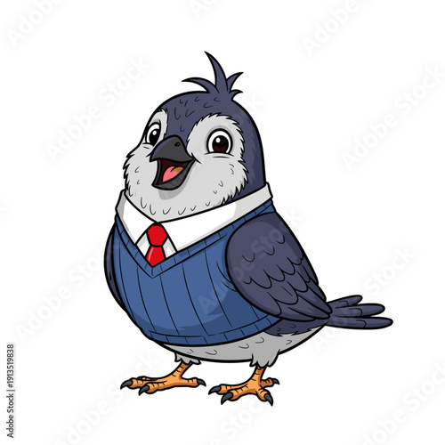 Cute cartoon bird in business attire looking happy and professional