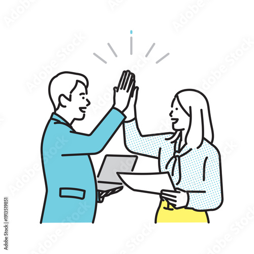 シンプル　イラスト　ハイタッチをするビジネスパーソンの男性と女性　ビジネスシーン