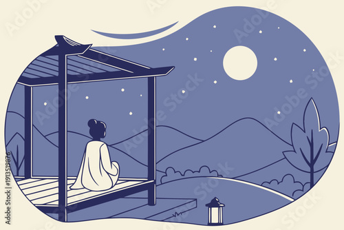 Woman Meditating Under Starry Sky and Full Moon for Mindfulness Theme