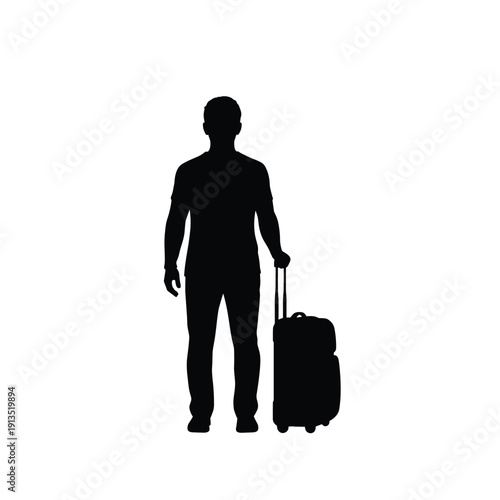 A silhouette of a man walking with a suitcase in hand