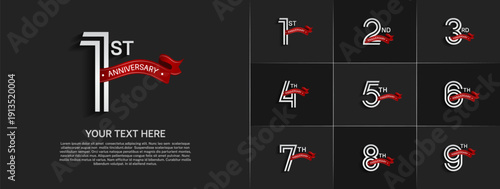Anniversary logo set with double line number style. white color with red ribbon can be use for special moment