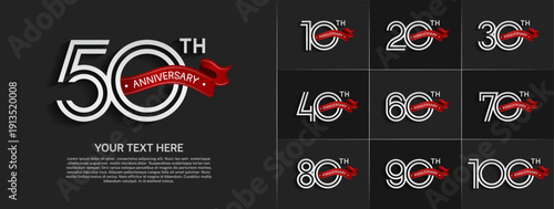 Anniversary logo set with double line number style. white color with red ribbon can be use for special moment