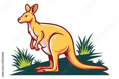 Cute cartoon illustration of a kangaroo standing in a natural environment with green grass and plants