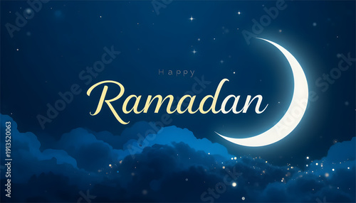Mystical Ramadan night sky with glowing crescent moon, stars, and ethereal clouds. Peaceful and spiritual holiday background, Ramadan Eid Mubarak