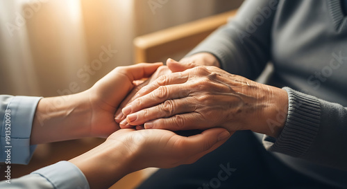 Close up of young person holding wrinkled hands of elderly patient providing comfort and compassion