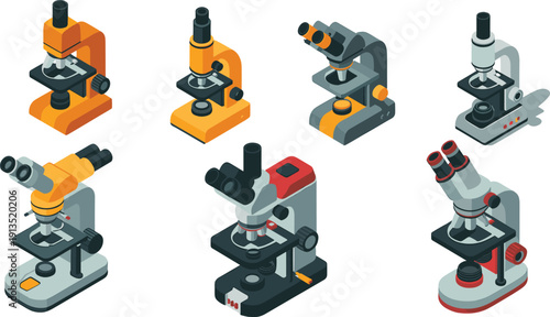 Microscope equipment icons set showing laboratory research tools, scientific analysis devices, biology chemistry education instruments isolated on white background modern flat illustration collection