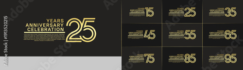 Anniversary logo set with double line number style. golden color can be use for special moment
