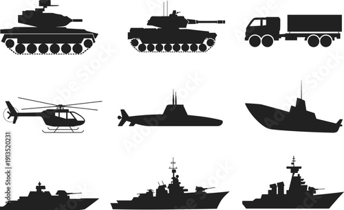 Military vehicle silhouettes collection featuring tanks, trucks, helicopter, submarine and warships, modern army and navy transportation illustration set isolated on white background