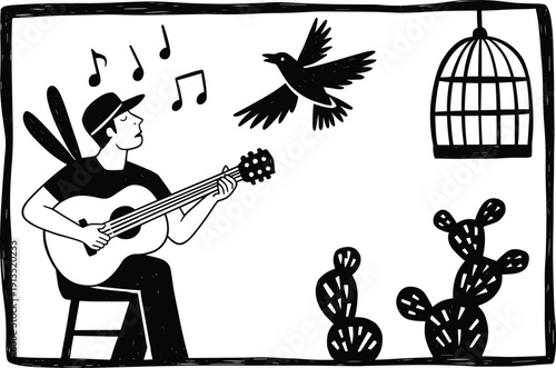 Minimalist black and white illustration of man playing acoustic guitar with singing bird, open cage and cactus, folk music, freedom concept, hand drawn art