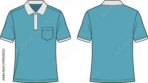 Men polo shirt technical fashion illustration front and back view flat drawing with short sleeves collar button placket chest pocket for casual modern apparel design
