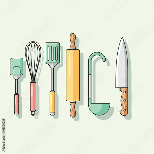 A collection of stylized kitchen utensils, arranged on a light background