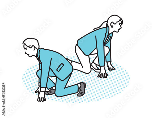 シンプル　イラスト　スタートの姿勢をとるビジネスパーソンの男女のイラスト　ビジネスシーン