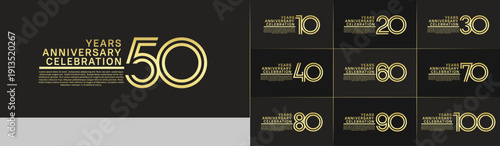 Anniversary logo set with double line number style. golden color can be use for special moment